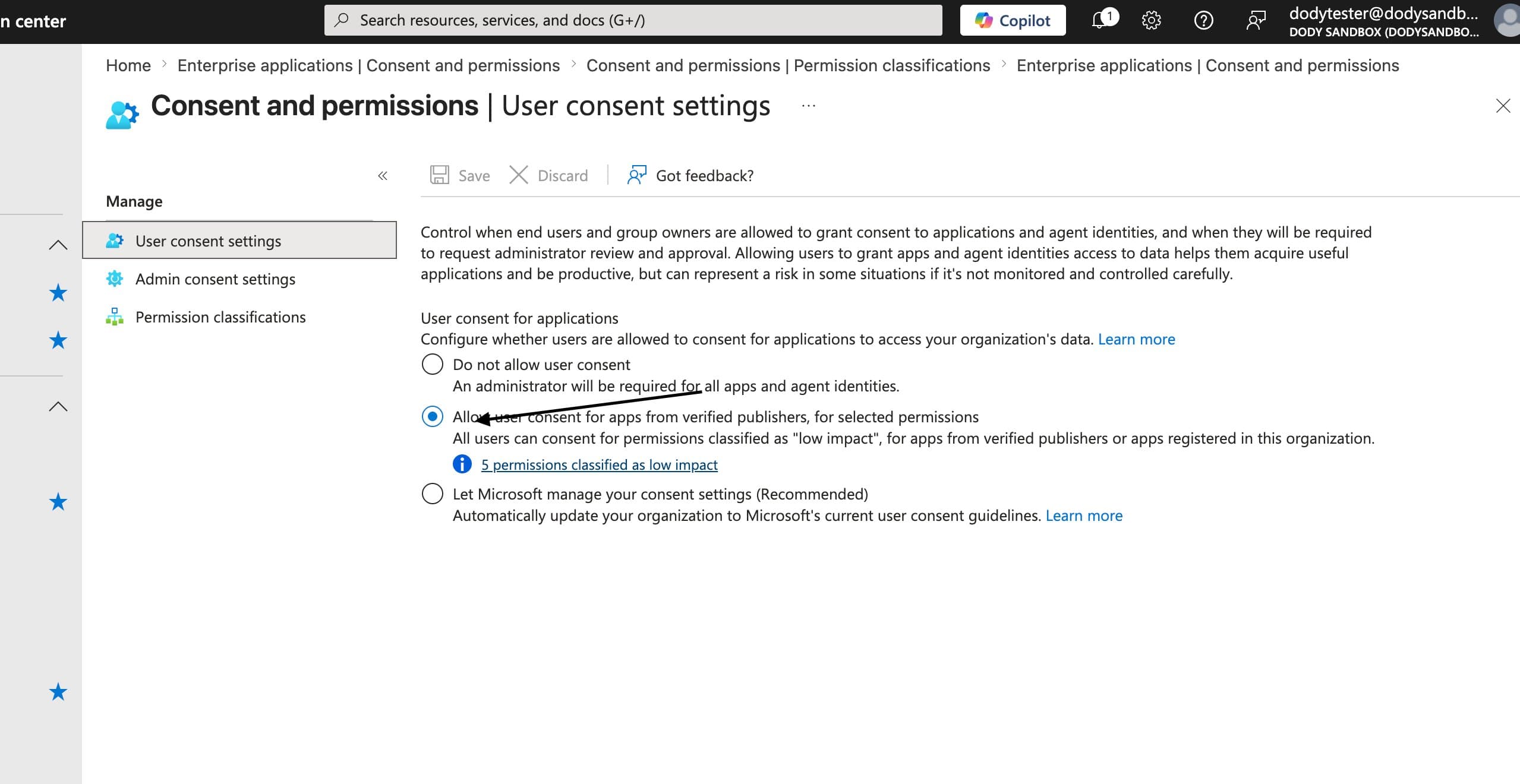 Consent and permissions, User consent settings — select the verified-publishers option, then Save.
