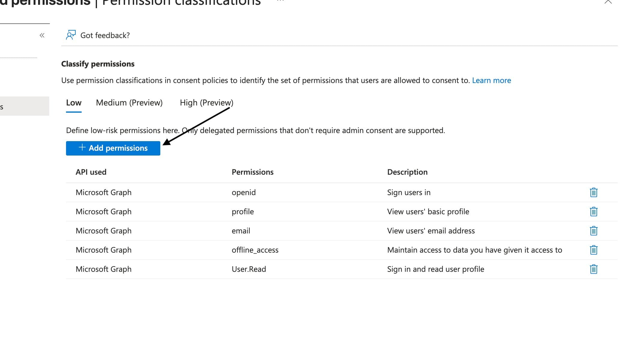 Permission classifications, Low tab — click Add permissions to begin.