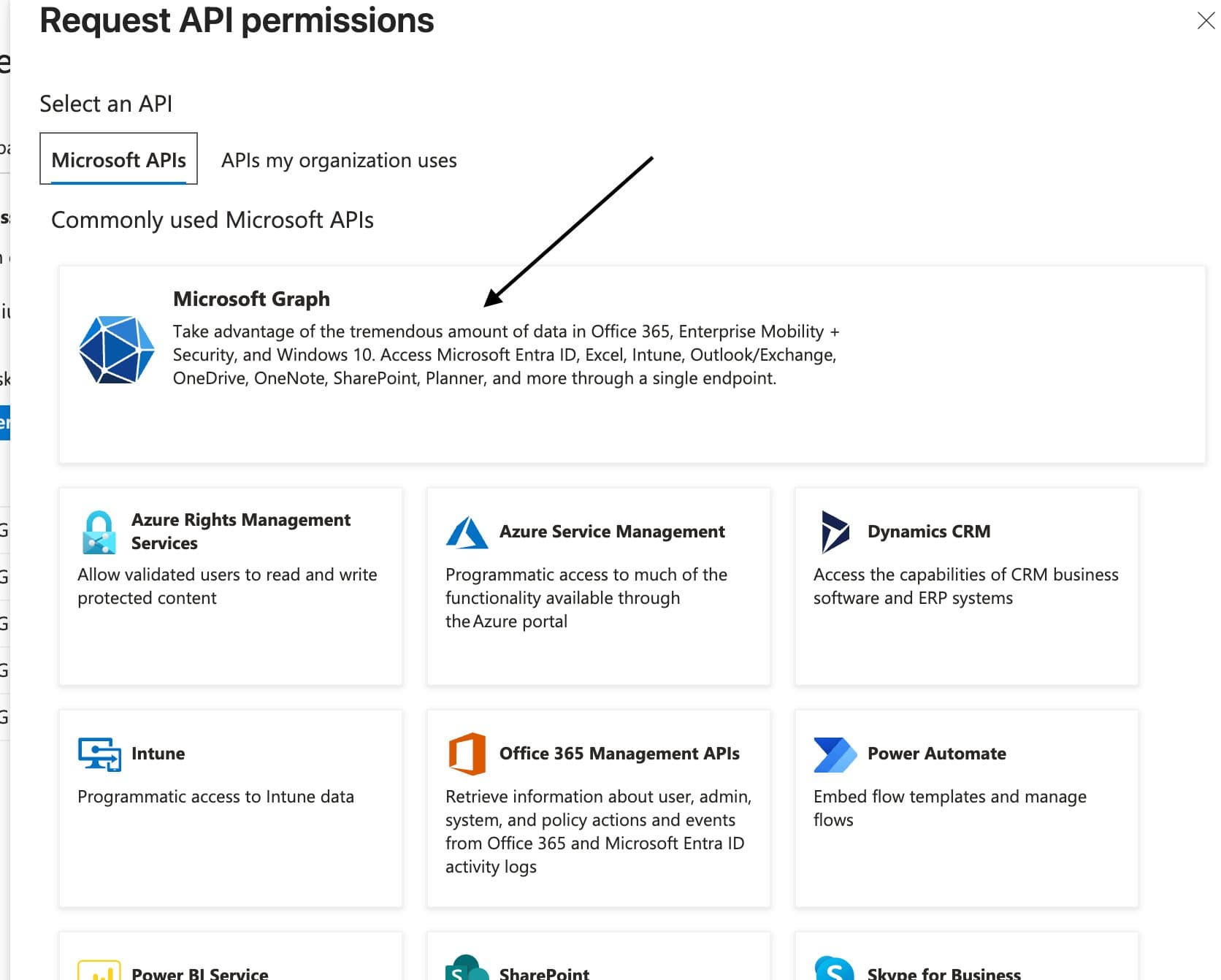 Request API permissions — choose Microsoft Graph.