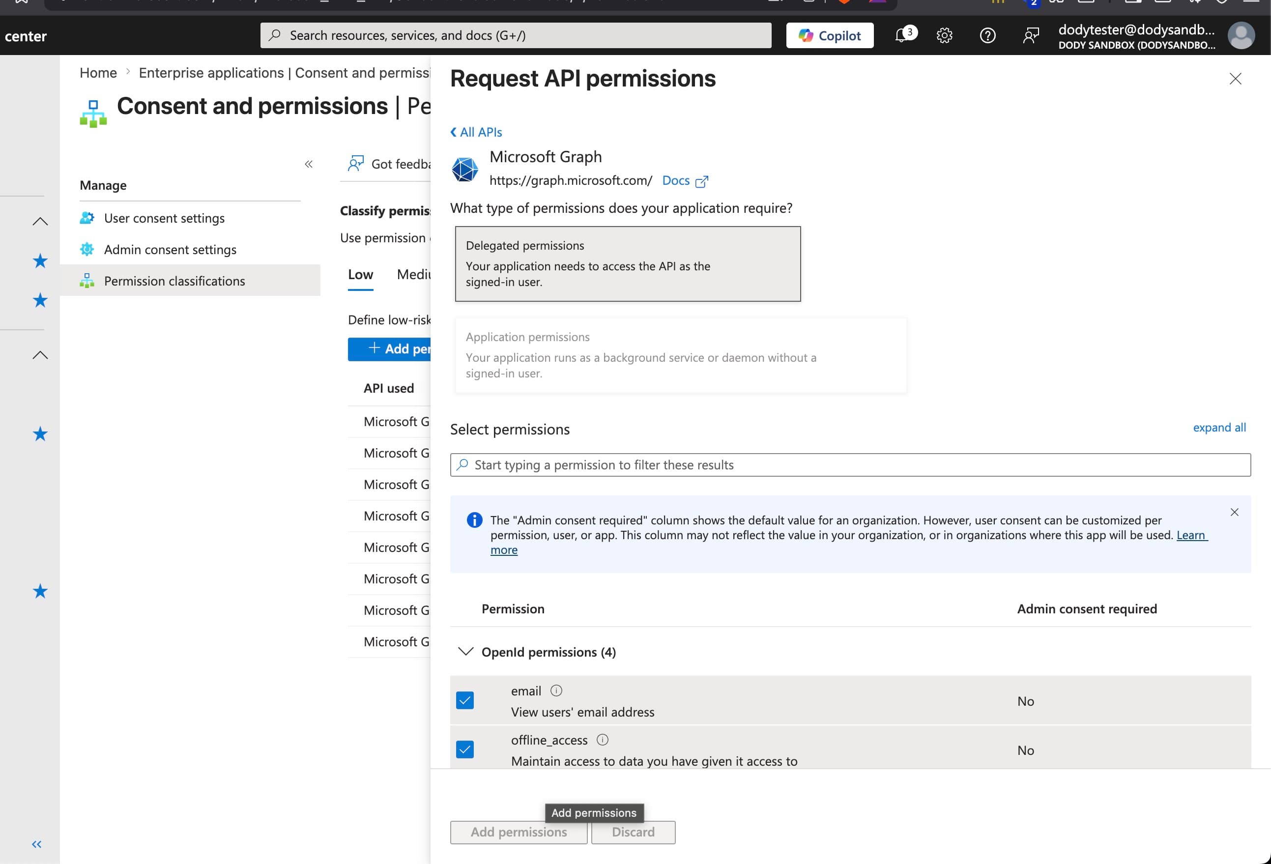 Request API permissions — select Delegated permissions; the Add permissions button is at the bottom-left.