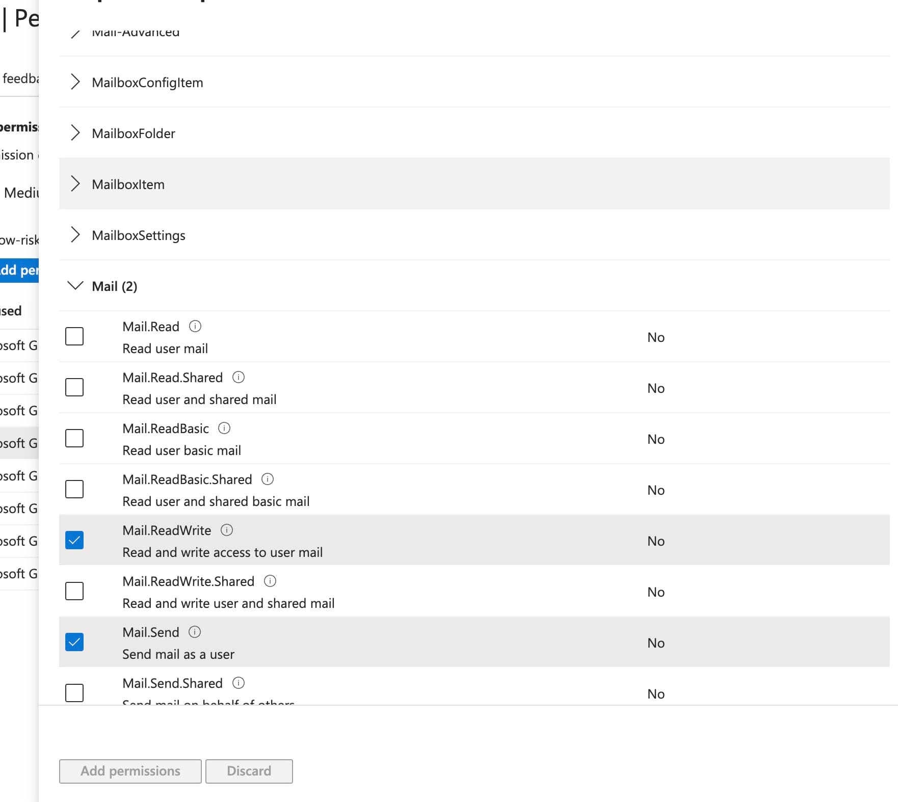 Mail permissions — tick Mail.ReadWrite and Mail.Send.