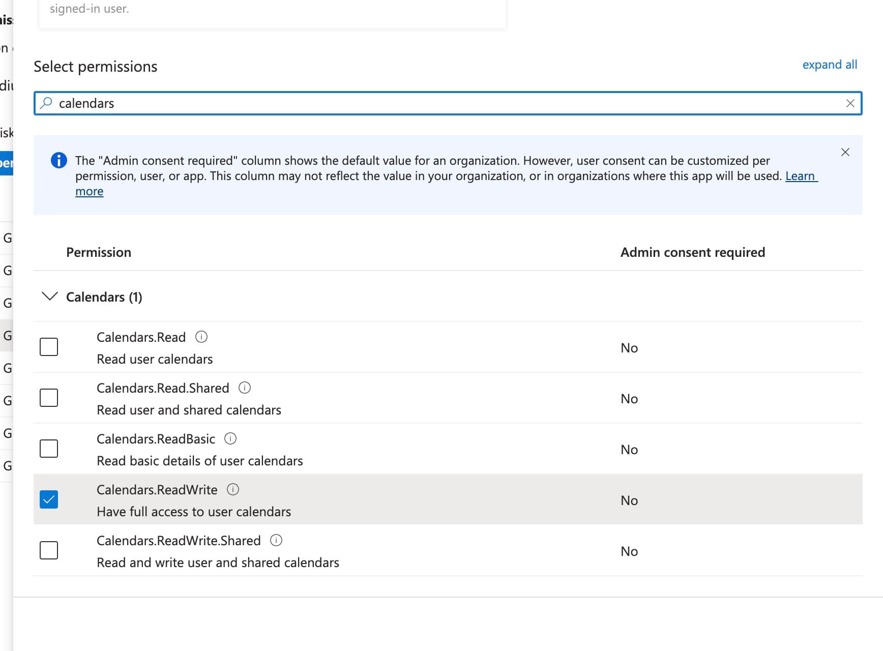Calendar permissions — tick Calendars.ReadWrite.