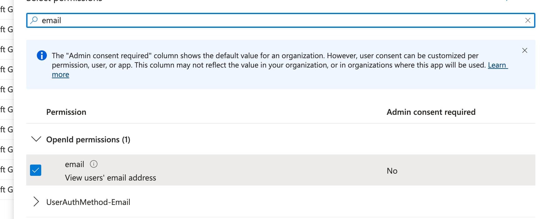 Search "email" under OpenId permissions, tick email.