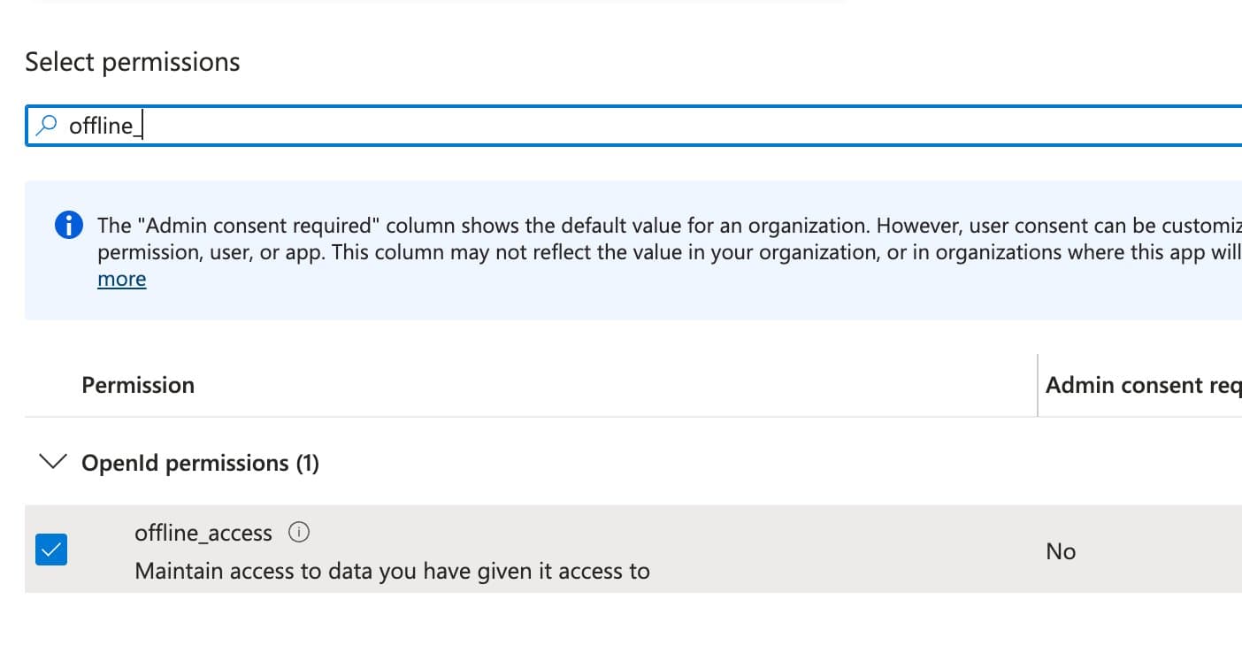 Search "offline_" under OpenId permissions, tick offline_access.