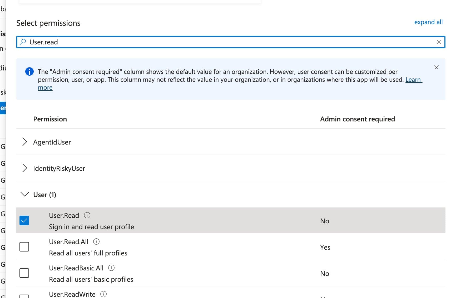Search "User.read", expand the User group, and tick User.Read.