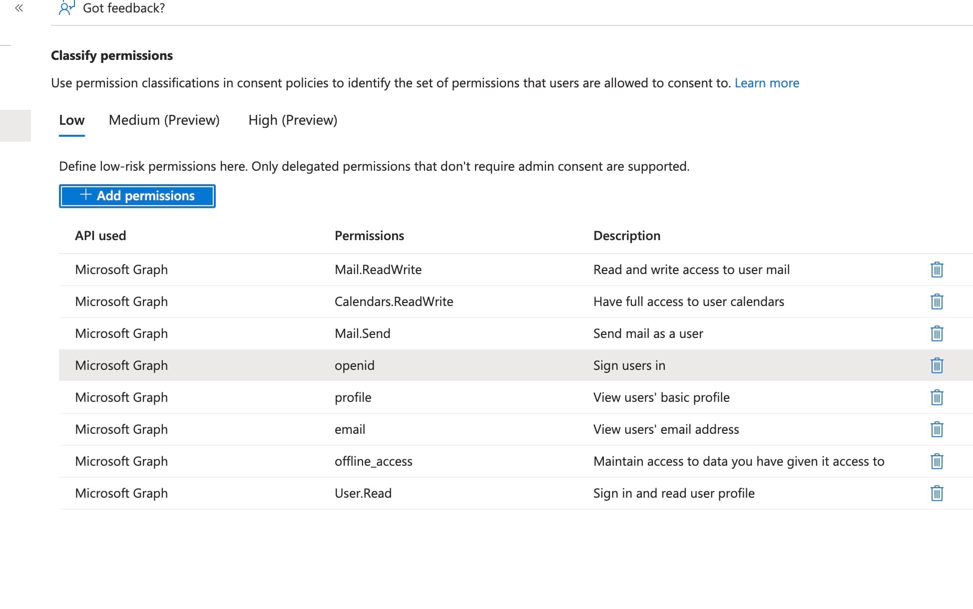 The final Permission classifications list should match this view.